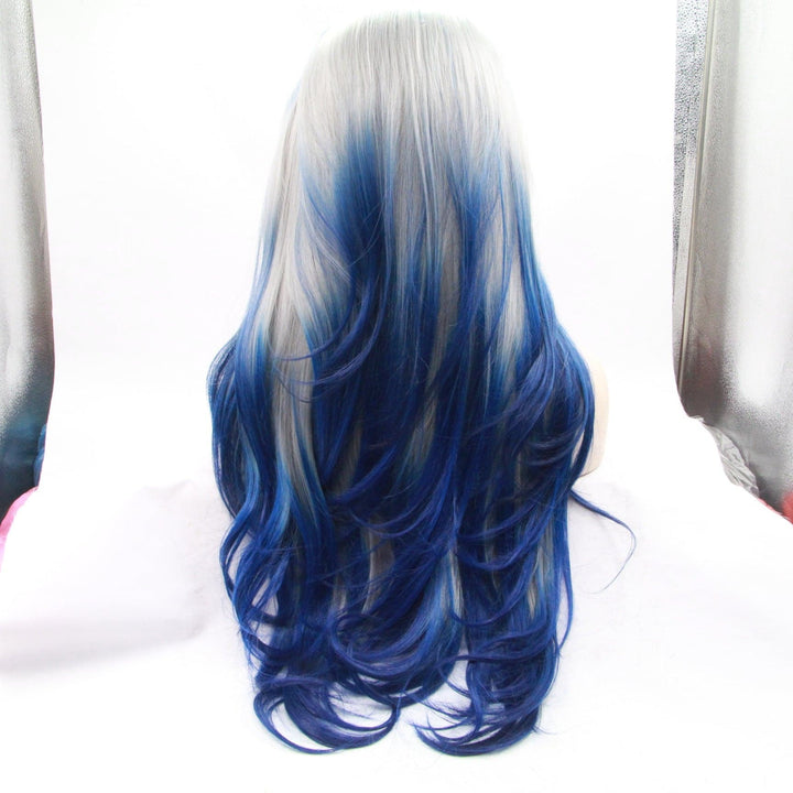 Grey Blue Ombre Wave Lace Front Synthetic Wig - ULOFEY 