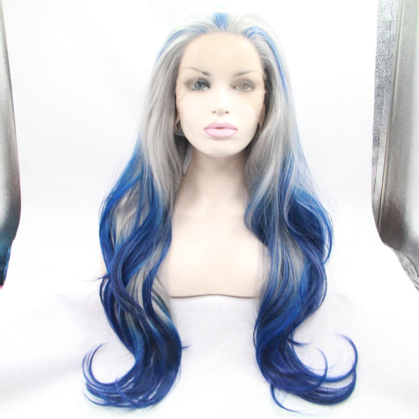 Grey Blue Ombre Wave Lace Front Synthetic Wig - ULOFEY 
