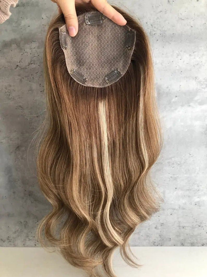 18" 6x5" Free Part Hand Tied Silk Top Virgin Human Hair Balayged Color Wavy HairTopper - ULOFEY