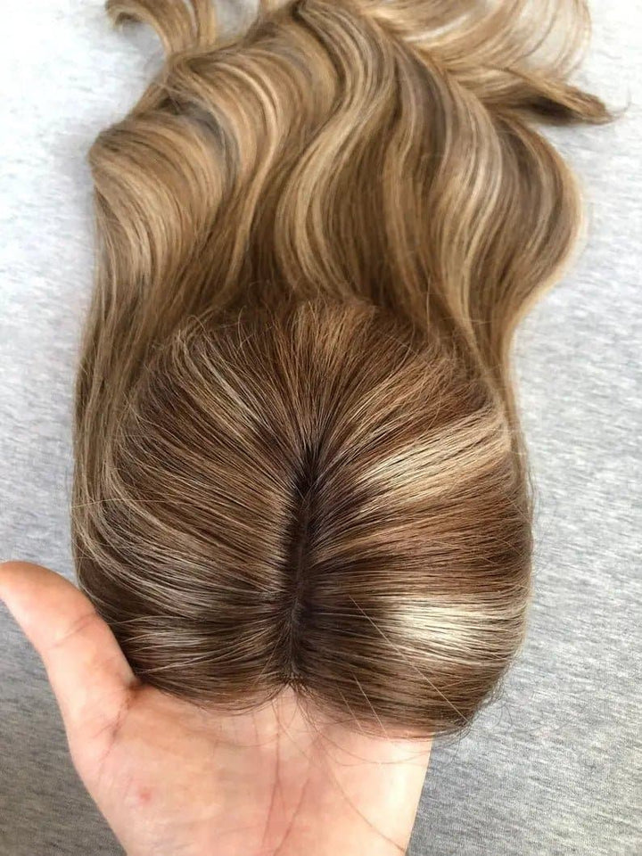 18" 6x5" Free Part Hand Tied Silk Top Virgin Human Hair Balayged Color Wavy HairTopper - ULOFEY
