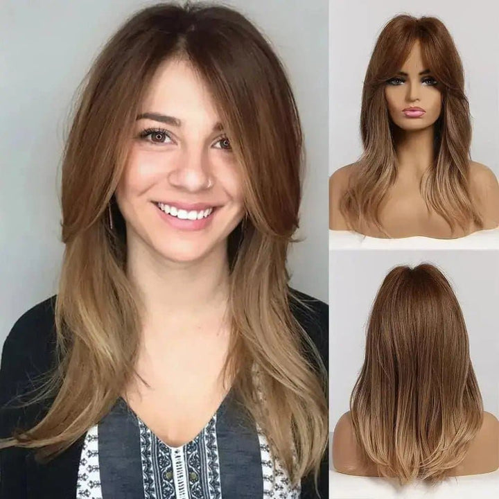 20Inch Straight Layered Hairstyle Ombre Blonde Full Synthetic Wigs with Bangs - ULOFEY