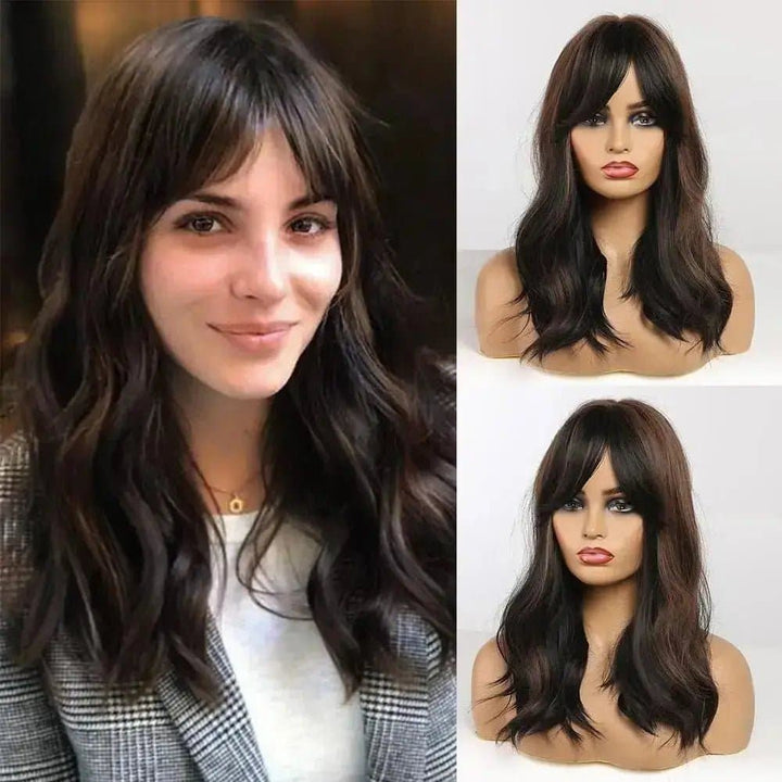 20Inch Straight Layered Hairstyle Ombre Brown Synthetic Wigs with Bangs - ULOFEY