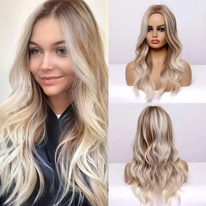 24Inch Highlighted Color 8 Ash Brown Highlight 60 Platinum Blonde Medium Wave Synthtic Wig Heat Resistant Fiber - ULOFEY