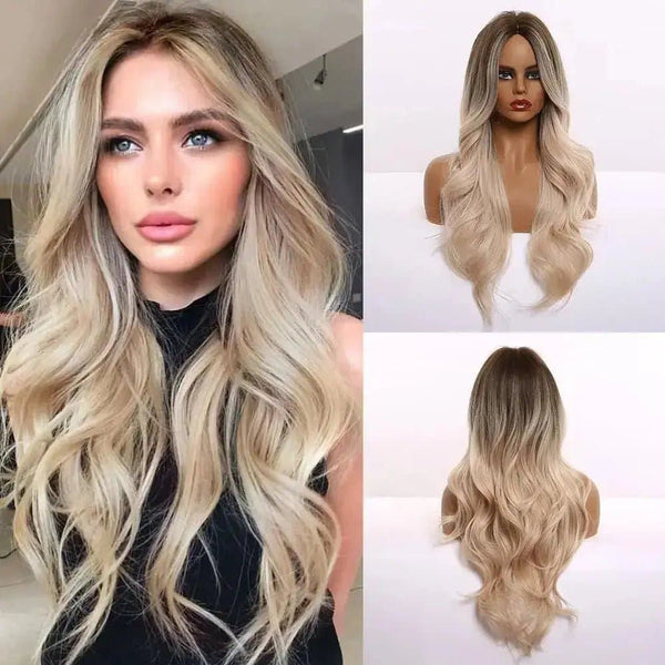24Inch Natural Wave Omber Black Golden Honey Synthetic Hair Wigs Middle Part Cosplay - ULOFEY