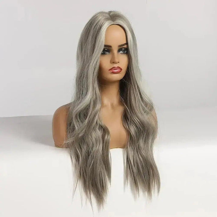 24Inch Ombre Gray Medium Wave Synthetic Wig Heat Resistant Fiber Daily False Hair - ULOFEY