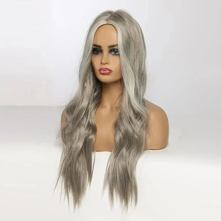 24Inch Ombre Gray Medium Wave Synthetic Wig Heat Resistant Fiber Daily False Hair - ULOFEY