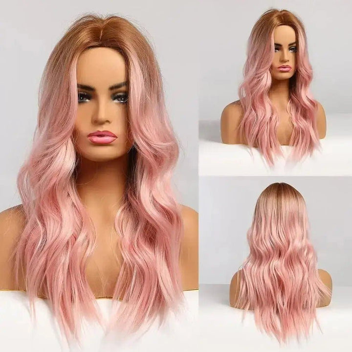 24Inch Ombre Pink Medium Wave Synthetic Hair Wig Heat Resistant Fiber Daily - ULOFEY