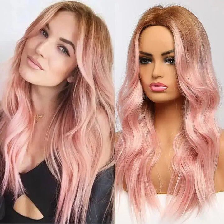 24Inch Ombre Pink Medium Wave Synthetic Hair Wig Heat Resistant Fiber Daily - ULOFEY