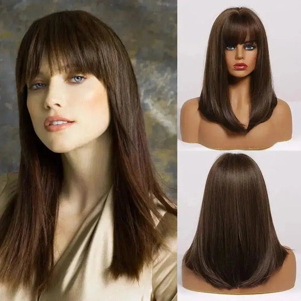 4# Brown wig with Bangs Cosplay Synthetic Straight Natural Party False Hair Wigs - ULOFEY