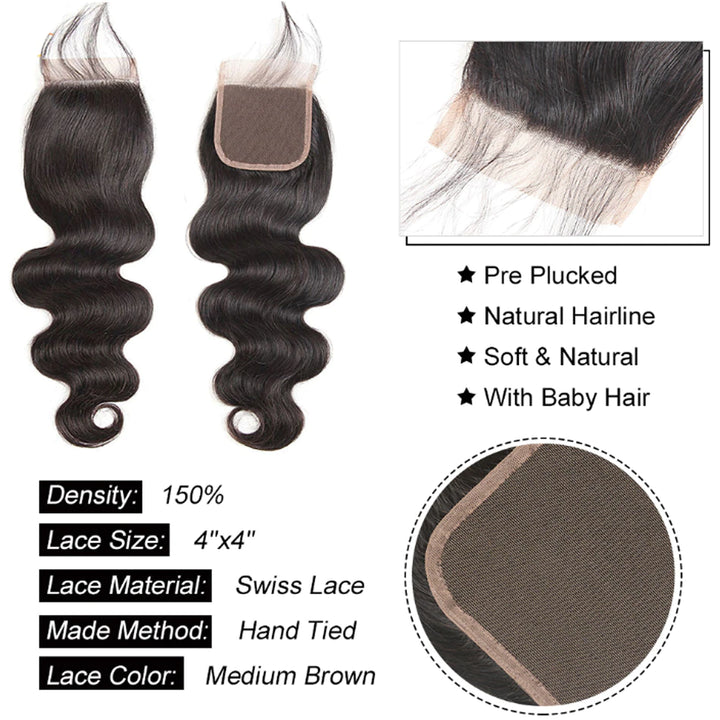 100% Human Hair Natural Color Customize 4x4 Lace Closure  - ULOFEY 