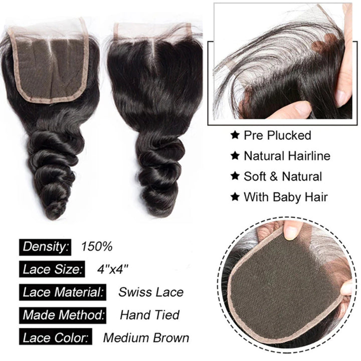 100% Human Hair Natural Color Customize 4x4 Lace Closure  - ULOFEY 