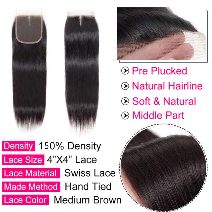 100% Human Hair Natural Color Customize 4x4 Lace Closure  - ULOFEY 