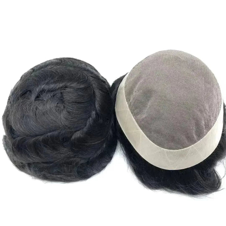 6 Inches SWISS LACE PU + MONO NET Men Toupee Wig Human Hair Pieces Natural Black Topper - ULOFEY
