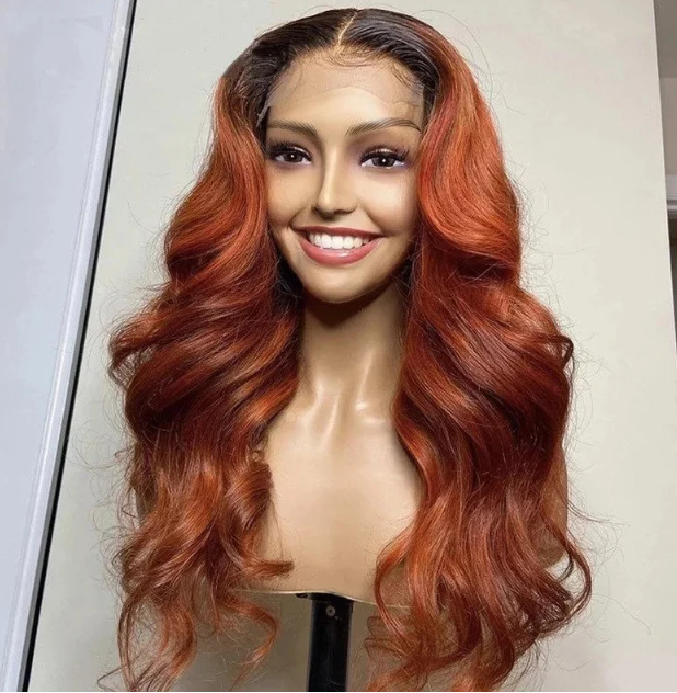 12-26inch Ombre Red Auburn Body Wave Transparent Full Lace Human Hair Wig - ULOFEY