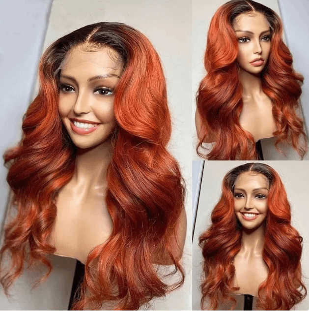 12-26inch Ombre Red Auburn Body Wave Transparent Full Lace Human Hair Wig - ULOFEY