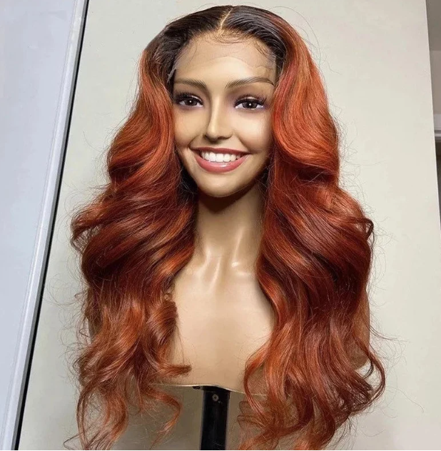 Luxury Remy Wavy Ombre Red Auburn Ginger Bright Full Lace Wig Transparent Clear Lace Wig - ULOFEY 