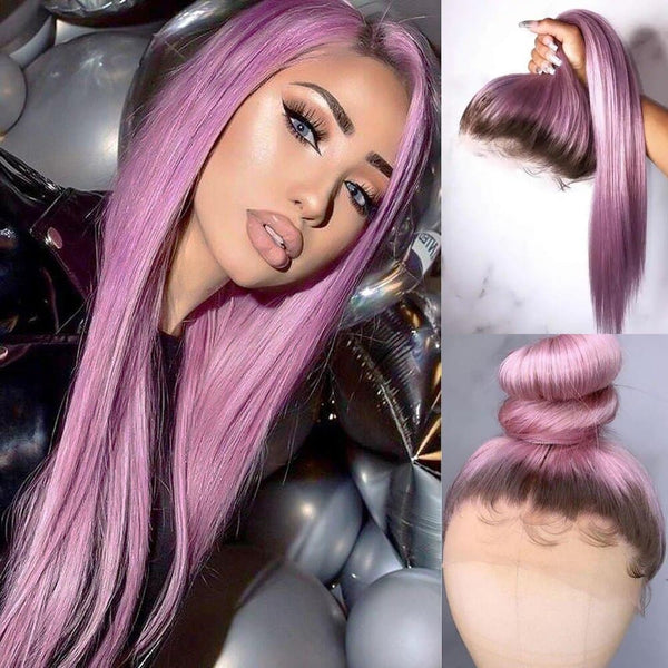 Lavender Purple Ombre Brown Roots Straight 360 Front Human Hair Wigs - Ulofey Wigs