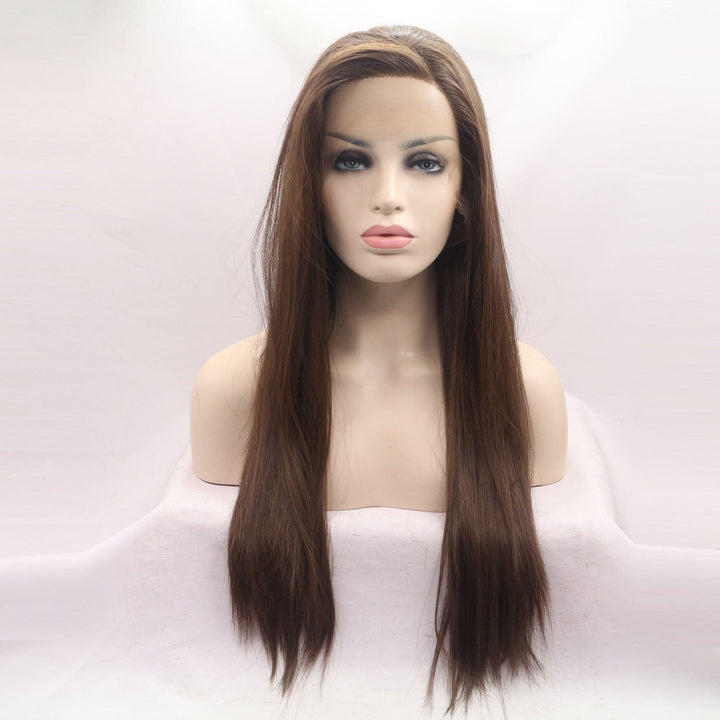 Straight #4 Color Brown Synthetic Lace Front Wig Heat Resistant Long Wavy Cosplay Wig - ULOFEY 