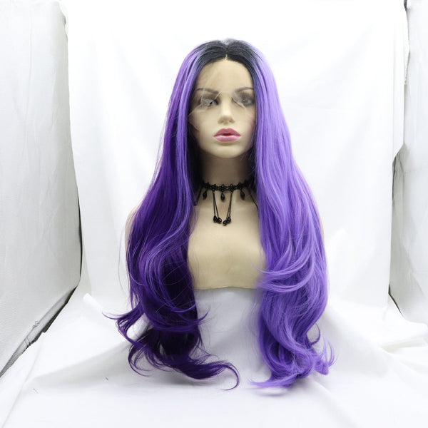 26inch Ombre Black Purple Wig Synthetic Lace Front Wig Natural Wavy Wig Multicolor Cosplay Wigs For Women - ULOFEY 