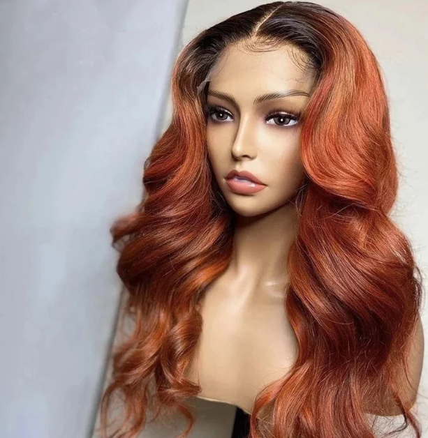 Luxury Remy Wavy Ombre Red Auburn Ginger Bright Full Lace Wig Transparent Clear Lace Wig - ULOFEY 