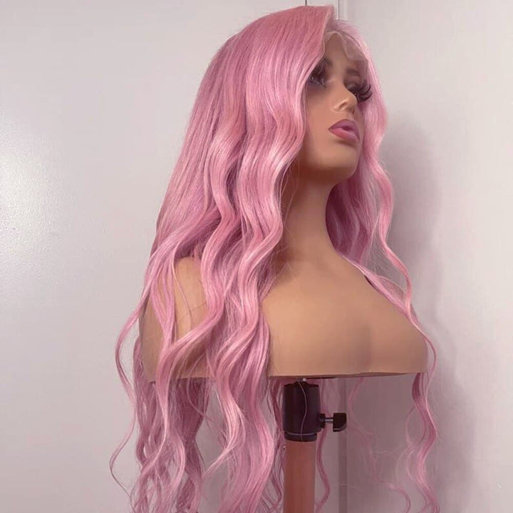 Pink human hair Wigs Body Wave HD Transparent colored lace Wig Pre Plucked With Baby Hair - ULOFEY 