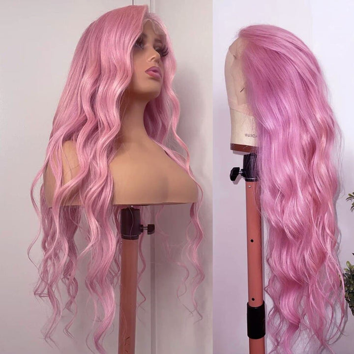 Pink human hair Wigs Body Wave HD Transparent colored lace Wig Pre Plucked With Baby Hair - ULOFEY 