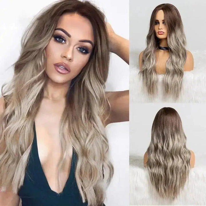 Ash Gray Middle Part Long Wavy Wigs High Temperature Natural Hair Wave Synthetic Wig - ULOFEY
