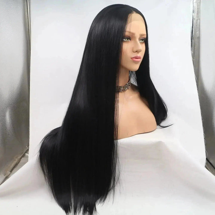 Black Color Synthetic Straight Hair Lace Front Wigs with Baby Hair - ULOFEY