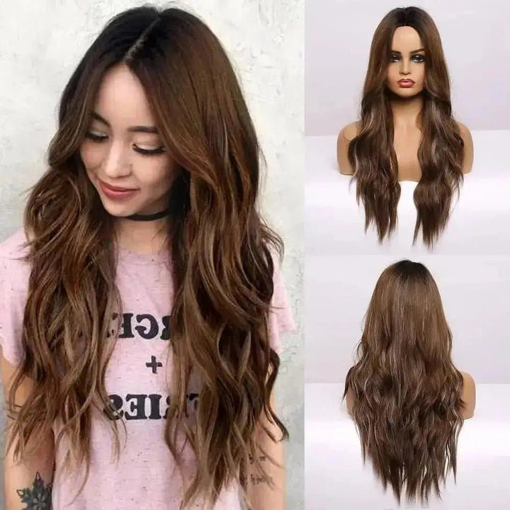 Brown Gradient Middle Part Long Wavy Wigs High Temperature Natural Hair Wave Synthetic Wig - ULOFEY