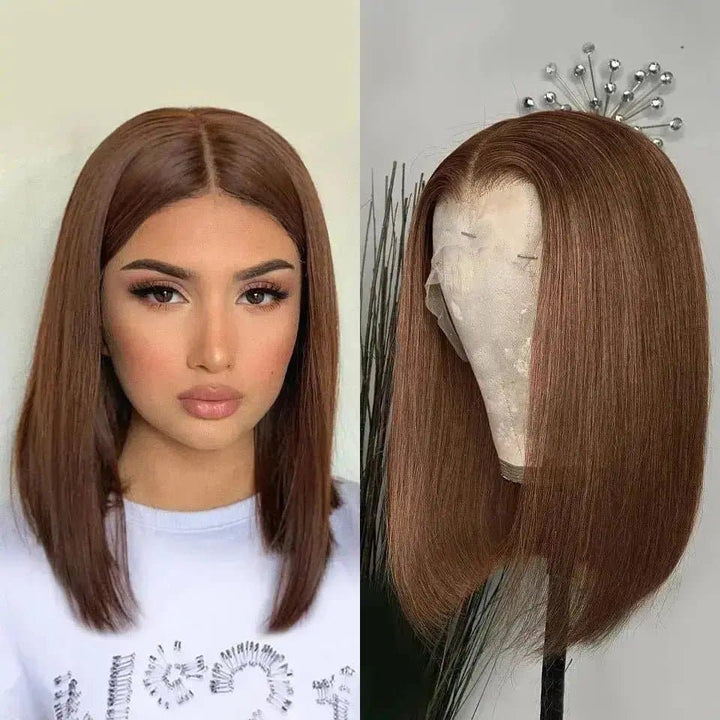 Brown Straight Middle Part Cut Bob Synthetic Lace Front Wig - ULOFEY