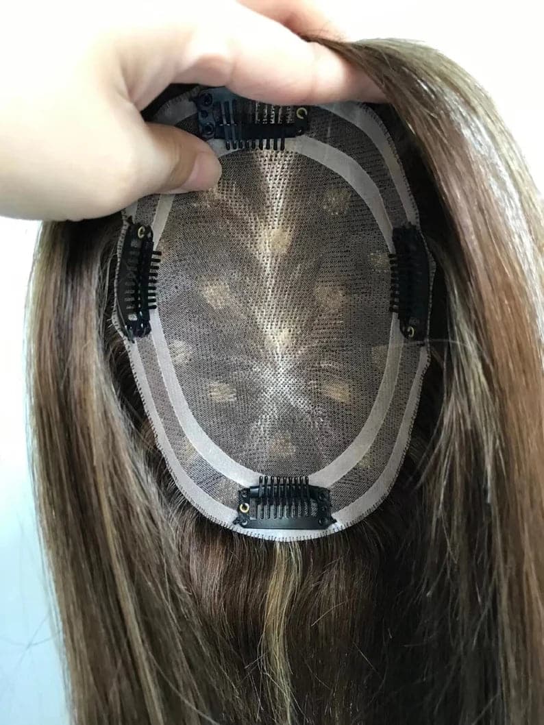 14-20inch Brown Highlights Mono Virgin Human Hair Topper – Ulofey Wigs