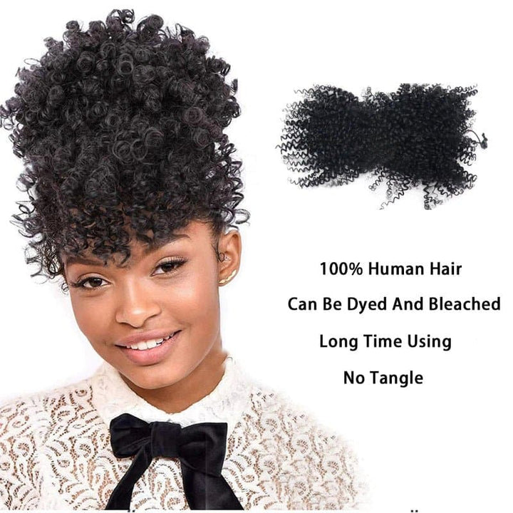 Curly Hair Bun Pieces Drawstring Ponytail Human Hair Clip In Human Hair Extensions Kinky Clip On Bangs - ULOFEY