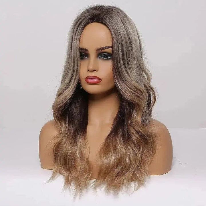 Dark Brown Hair with Highlights Middle Part Synthetic Hair Long Wavy Wigs - ULOFEY