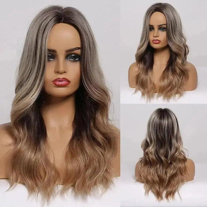 Dark Brown Hair with Highlights Middle Part Synthetic Hair Long Wavy Wigs - ULOFEY
