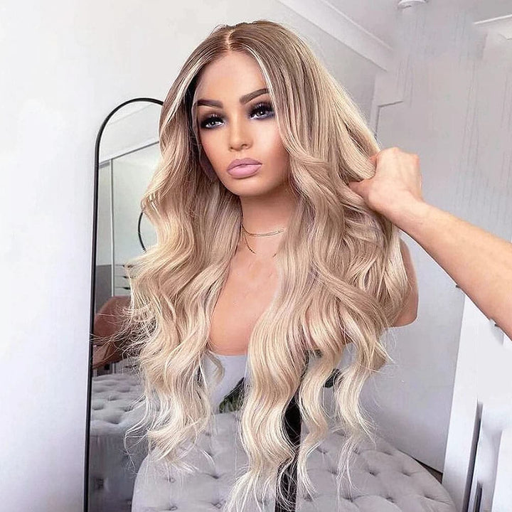 613 Blonde Colored Brown Hightlight Ombre Hd Transparent Body Wave Full Lace Human Hair Wigs For Women - ULOFEY 