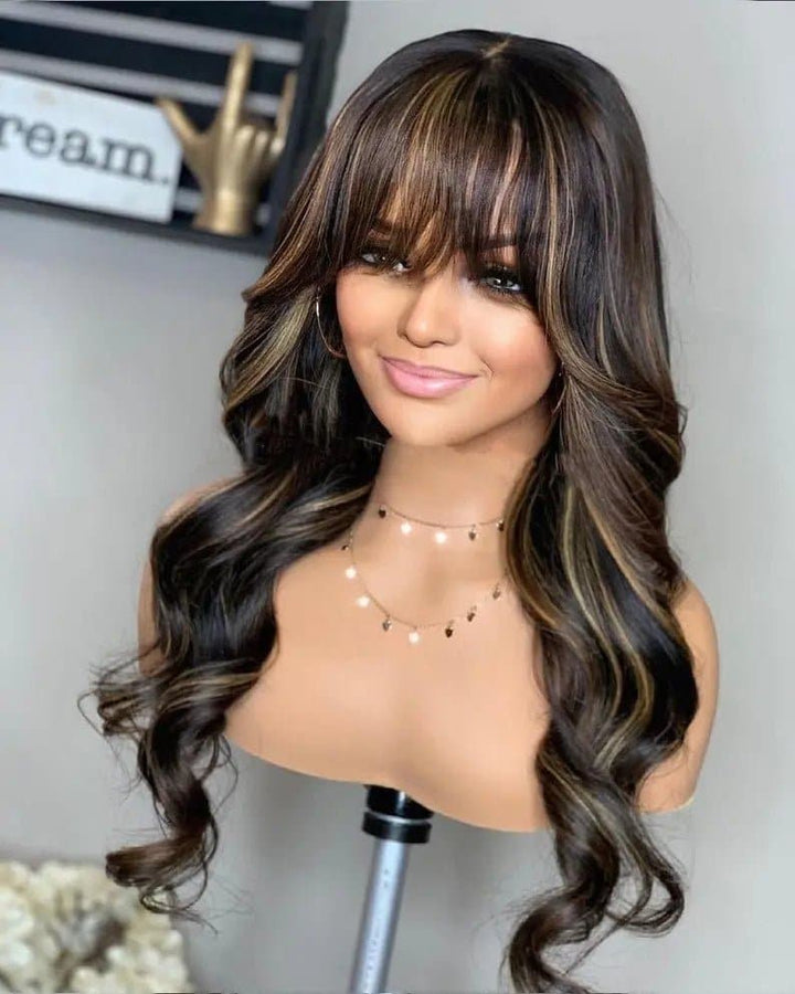 Highlight Blonde Color Body Wave Silk Top 100% Remy Human Hair Lace wigs With Bangs Pre Plucked Hairline - ULOFEY