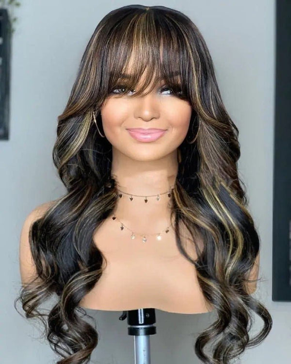 Highlight Blonde Color Body Wave Silk Top 100% Remy Human Hair Lace wigs With Bangs Pre Plucked Hairline - ULOFEY