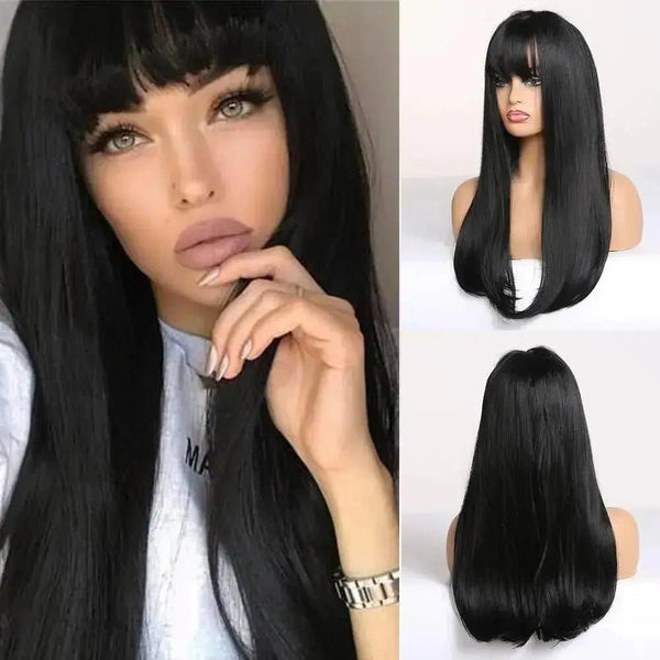 Long Natural Color Middle Part Synthetic Wavy Wigs With Bangs For African American Women - ULOFEY