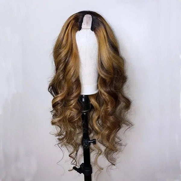 Ombre Brown Color Body Wave Peruvian Remy Glueless Human Hair Wigs Upart 1"x4" - ULOFEY