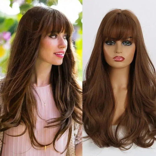 Ombre Wavy Wigs Brown Middle Part Cosplay Synthetic Wigs with Bangs For Women Long Hair Wigs Fake Hair - ULOFEY