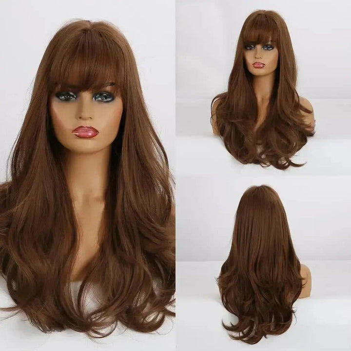 Ombre Wavy Wigs Brown Middle Part Cosplay Synthetic Wigs with Bangs For Women Long Hair Wigs Fake Hair - ULOFEY