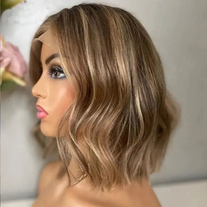 Short cut Remy human hair front lace wig ombre highlight brown bob body wave wig - ULOFEY