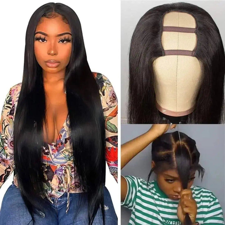 Straight Natural Color 100% Human Hair 150 Density Glueless Middle Part U Part Wig - ULOFEY